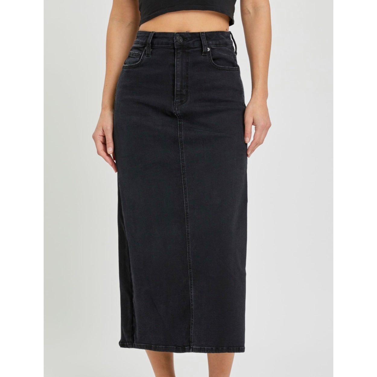 Side Slit Midi Denim Skirt - THE WILLOWS