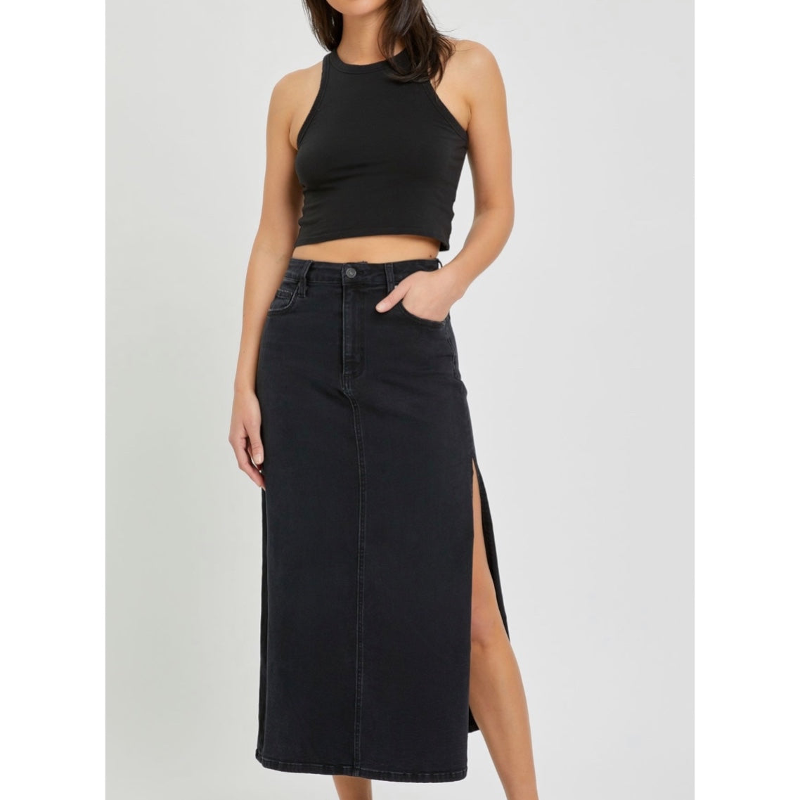 Side Slit Midi Denim Skirt - THE WILLOWS